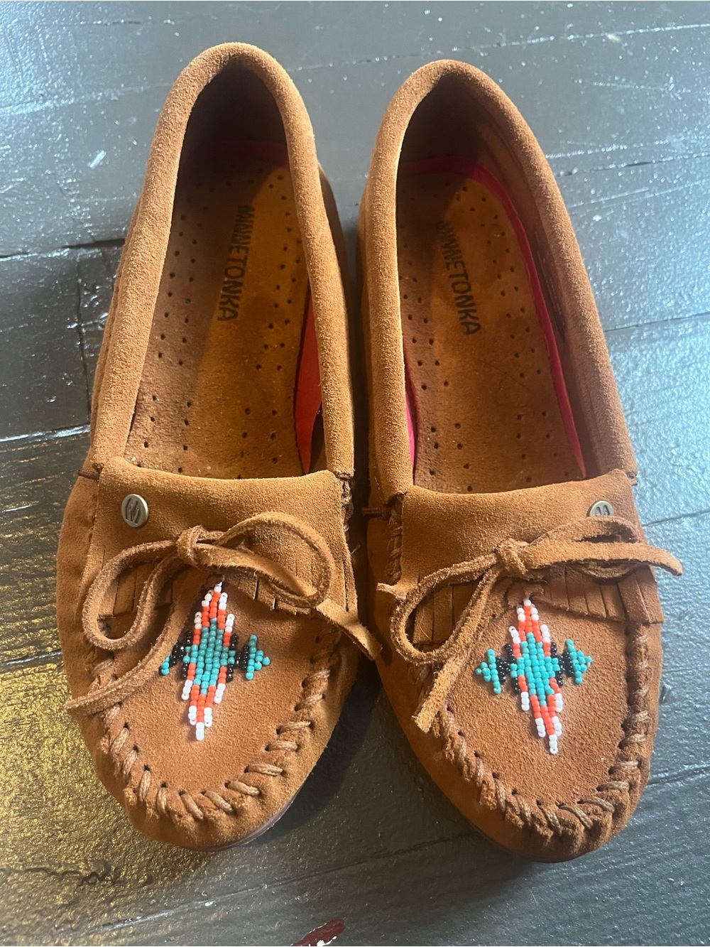 Minnetonka Brown Suede Moccasins with Turquoise & Coral Beadwork - Picture 3 of 9
